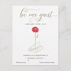 the be our guest card is shown with a rose on it and gold foil lettering