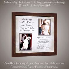 a wedding photo frame with the words, marriage vows and two pictures in it that are on display