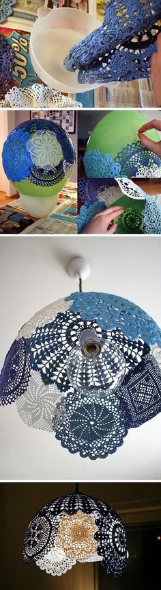 several pictures of different shades of blue, green and white fabric hanging from the ceiling