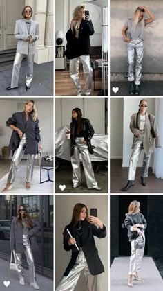 Metalic Pants Winter Outfit, Brown And Fuschia Outfit, Silver Mesh Top Outfit, Metallic Suits Women, How To Wear Silver Pants, Metalic Pants Silver Outfit, Silver Metallic Trousers Outfit