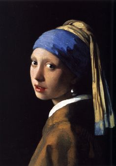 a painting of a girl with a pearl ear wearing a blue headband and earrings