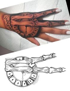 a hand that has a clock on it and an image of the hands with tattoos