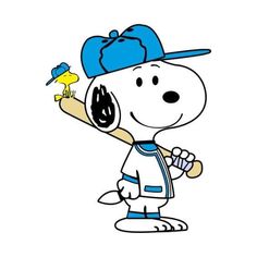 a cartoon dog holding a baseball bat and wearing a blue hat with a yellow bird on it