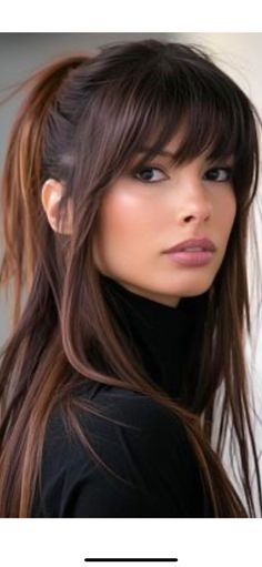 Long Hair And Fringe Bangs, Face Framing Bangs Straight Hair, Graduated Bangs, Bangs With Framing Pieces, Franje Pony, Different Styles Of Bangs, Long Hairstyle Women, Long Brown Hair With Bangs, Black To Brown Hair