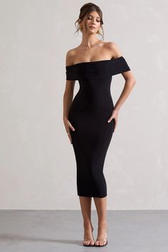 Looking for a dress that fits you like a glove? Averie is the perfect choice. Expertly cut in a black shade of our premium figure sculpting jersey, Averie boasts an elegant bardot neckline. A midi that will see you through any occasion, pair Averie with our Hear Me court heels and a sleek bun.  Features  - Premium stretch jersey - Bodycon fit  - Bardot neckline  - Sleeveless - Split hemline  - Midi length   Sizing & Fit  Model is _and wears UK size_ / US size _  Product Information     Double layered with good stretch Premium jersey in Black (95% Polyester, 5% Elastane)  125cm total length  SKU: CL13093002 Graduation Black Dress, Figure Sculpting, Ruffle Bodycon Dress, Bardot Midi Dress, Velvet Prom Dress, Ruffle Bodycon, Bardot Neckline, Sleek Bun, Black Dress Prom