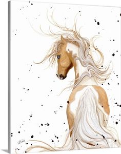 a brown and white horse with long hair on it's back, standing in front of