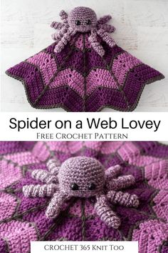 a crocheted spider on a web lovey is shown with the text, free crochet pattern