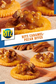 two pictures of caramel pecan bites on a table with the words ritz caramel pecan bites