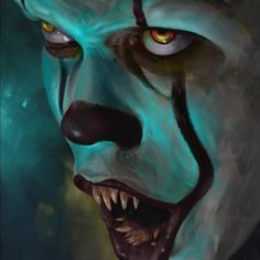 an evil looking clown with yellow eyes and green hair is depicted in this digital painting