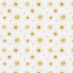 a white and gold wallpaper with small yellow sunbursts on the side