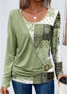 Color:Light Green;Size:S;Size:M;Size:L;Size:XL;Size:XXL;Package Contents:1 X T Shirt;Occasion:Other;Style:Casual; Casual Elegant Style, Patchwork Top, Women Shirts Blouse, Patchwork Designs, Knitted Tshirt, Casual Blouse, Long Sleeve Knit, Elegant Fashion, Brunei