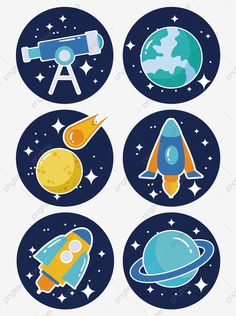 four space themed stickers with stars, planets and rockets