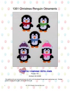 four penguins with hats and scarfs are shown in this cross - stitch pattern, which is