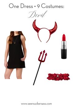 a woman in black dress with horns and devil makeup