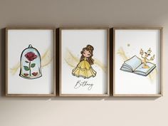 three framed art prints featuring beauty and the beast