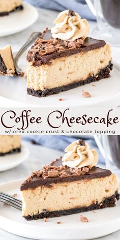 two pictures of coffee cheesecake with chocolate and peanut butter