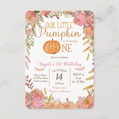 an orange pumpkin birthday party card with watercolor flowers