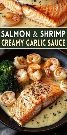 salmon and shrimp with creamy garlic sauce in a skillet