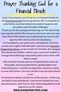 a prayer card with the words prayer, thanking god for a financial mirage