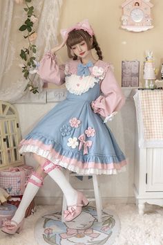 Plum Blossom Snow Rabbit Blue and Pink Bowknot Details Lolita JSK + Blouse Set Snow Rabbit, Rabbit Shape, Lolita Outfits, Style Kawaii, Kawaii Fashion Outfits, Kawaii Dress, Sweet Lolita, Plum Blossom, Really Cute Outfits