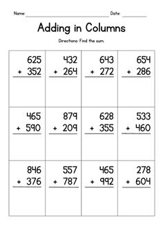 the worksheet for adding in columns with numbers and place value to write them