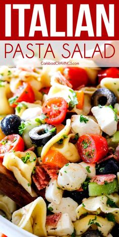 pasta salad in a bowl with the title above it