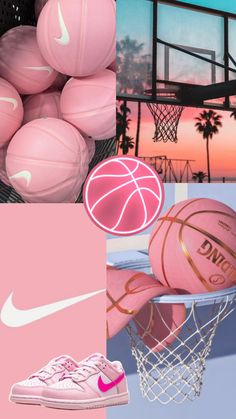 the collage shows pink and white basketballs, nike shoes, and palm trees