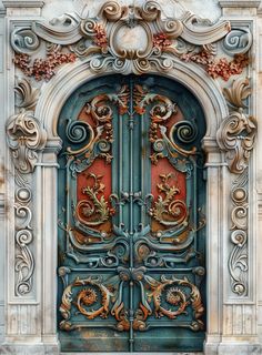 an ornately decorated door with red and blue paint