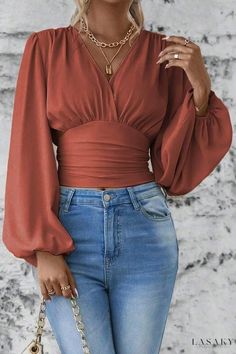 Lasaky - Soft and Cozy Blouse for a Relaxing Getaway Lantern Sleeved Blouses, Mini Robes, Women Long Sleeve Tops, V Neck Blouse, Plus Size Blouses, Lantern Sleeves, V Neck Tops, Plus Size Tops, Long Tops