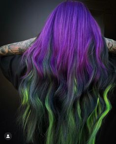 Black Light Hair Dye, Green Black And Purple Hair, Black Green Purple Hair, Beetlejuice Hair Color, Black And Vivid Hair Color, Halloween Colored Hair, Halloween Dyed Hair, Vibrant Hair Color Ideas Brunettes, Green And Purple Hair Ideas