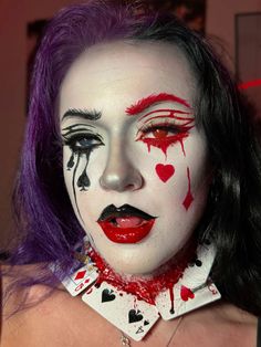 Playing card sfx clown   • Halloween makeup   • Special effects makeup   • Creepy clown makeup   • Creative clown makeup Card Makeup Halloween, Demon Clown, Horror Face Paint, Playing Cards Makeup, Playing Card Makeup, Halloween Makeup Scary Horrifying, Female Jester Makeup