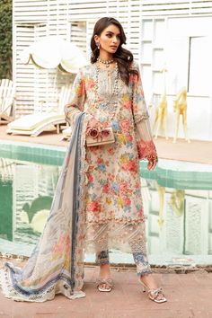 Description Shirt Printed Shirt Organza Neckline Patch Embroidered 3D Flowers Embroidered Organza Patch Printed Lawn Embroidered Sleeves Patti I Embroidered Sleeves Organza Patti II Color: Off White Fabric: Lawn Trousers Printed Trouser Color: Off White Fabric: Cambric Dupatta Printed Dupatta Color: Off White Fabric: Chiffon Maria B Collection, Embroidered Sleeves, Unstitched Suits, Maria B, Basic Wear, Lawn Fabric, Lawn Suits, Eid Collection, Embroidered Neckline