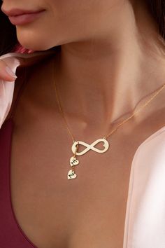 14k 18k 10k Solid Gold Infinity Necklace, Tiny Gold Heart Initial Letter Necklace, Personalized Jewelry Birthday Gift for Mom FEATURES * Solid Gold (real gold, not gold plated or gold filled material) * Gold Karat: 10K (417) - 14K (585) - 18K (750) (optional) * Pendant Height: 0.35 Inches (0.90 cm) * Pendant Width: depending on the text * Available Gold Color: Yellow gold, rose gold and white gold (optional) Wholesale requests are welcome. Our gold necklaces are perfect choice for a Christmas, M Infinity Necklace For Birthday And Mother's Day, Elegant Infinity Necklaces For Birthday, Yellow Gold Name Necklace For Valentine's Anniversary, Valentine's Day Yellow Gold Name Necklace For Anniversary, Infinity Necklace For Birthday Or Valentine's Day, Gold Double Heart Jewelry For Birthday Gift, Double Heart Gold Jewelry For Birthday, Elegant Open Heart Birthday Jewelry, Initials Heart Pendant Jewelry For Birthday