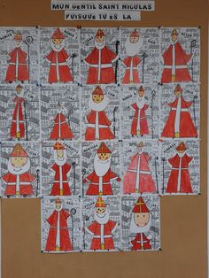 a bulletin board with pictures of santas on it