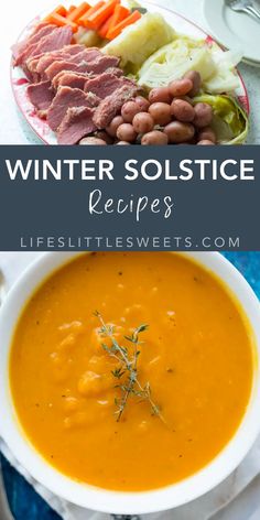 winter solstice recipe with carrots, beans and meat in a white bowl