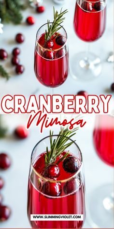 cranberry mimos with rosemary garnish in glasses