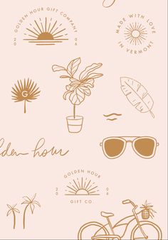 an image of the sun, sunglasses and palm tree on a pink background with words written below it