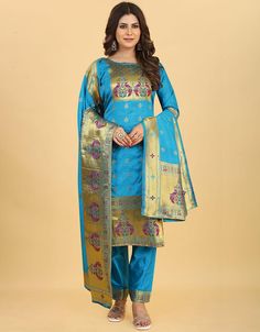 Elevate your fashion game with our Rama Blue Paithani Silk Pant Suit, a perfect blend of traditional beauty and contemporary style. 💙✨ Embrace the richness of Paithani silk in a stunning Rama Blue shade. #ArabicAttire #PaithaniSilk #RamaBlue #FashionForward Silk Salwar Suit, Silk Pant Suit, Blue Dupatta, Kameez Designs, Silk Pant, Traditional Beauty, Silk Bottoms, Salwar Kameez Designs, Pant Suit