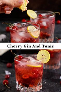 cherry gin and tonic cocktail in glasses with lemon wedges on the rim, garnished with cherries