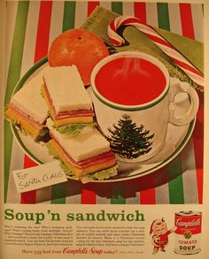 an old advertisement for soup'n sandwich with tomato soup and oranges on the side