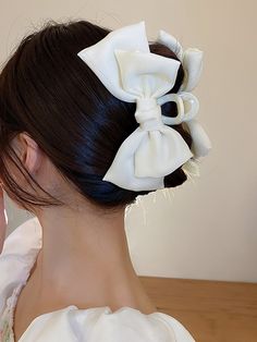 White  Collar  Polyester  Large Hair Claw Embellished   Women Accessories White Hair Accessories, Bow Accessories, Ribbon Hair Bows, Diy Hair Bows