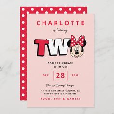 a pink and red minnie mouse birthday party card