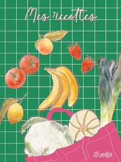 a green tiled background with fruits and vegetables