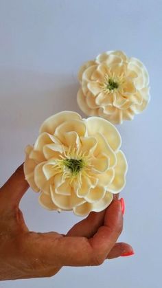 two yellow flowers sitting on top of each other in the palm of a person's hand