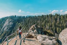 a woman standing on top of a mountain next to a forest