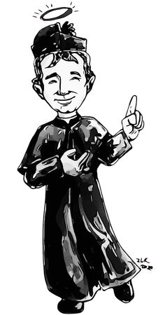 a black and white drawing of a man wearing a graduation gown holding his finger up