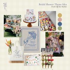 a collage of photos with flowers, cakes and other items on display in them