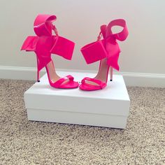 I Bought Them Last Year. Wore Them To My Brother-In-Laws Wedding And Never Wore Again. They Are In Perfect Condition With Their Original Box. There Is Body Makeup Inside The Heels As Seen In The Picture But Won’t Show When Worn. I Recently Moved And I Won’t Wear Again. They Are Sold Out In The Size 6. Luxury Pink Heels With Bow, Wedding Patent Leather Heels With Sculpted Heel, Pink High Heel Sandals For Wedding, Pink Pointed Toe Sandals For Wedding, Designer Heels With Bow For Party, Pink Pointed Toe Wedding Sandals, Pink Open Toe Wedding Shoes With Heel Strap, Pink Wedding Heels With Padded Heel, Patent Leather Heels With Heel Strap For Wedding