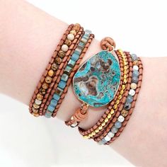 Mixed Stones Bohemian Bracelet Strands Wrap Bracelets Leather Wrist Band Jewelry  | eBay Ocean Bracelet, Turquoise Wrap Bracelet, Wrap Armband, Beaded Leather Wraps, Outfit Yoga, Jasper Bracelet, Stone Wrapping, Les Chakras, Wrap Bracelets