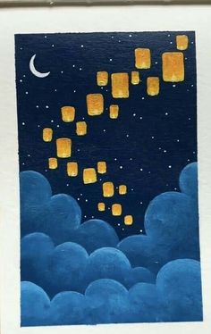 a painting with blue clouds and yellow squares floating in the sky at night, as well as a crescent moon